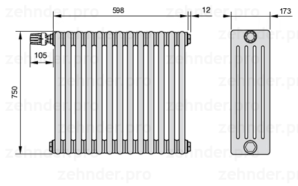 Схема (чертеж) Радиатор Zehnder Charleston 5075/13 №V011 Белый глянцевый RAL 9016